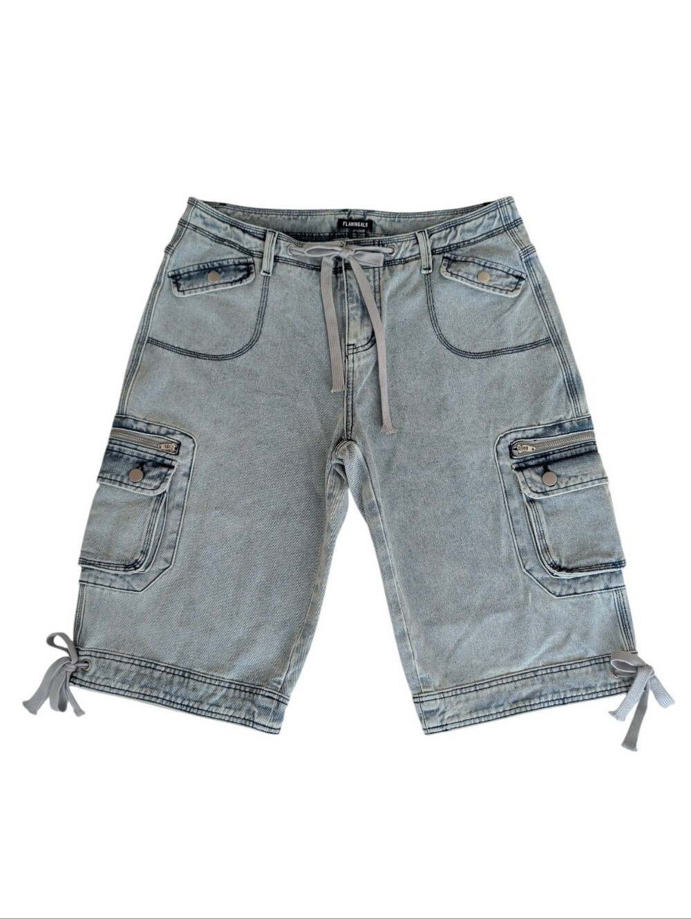 Flamingals Denim Cargo Bermuda Shorts Drawstring Waist LARGE Acid Wash Finish